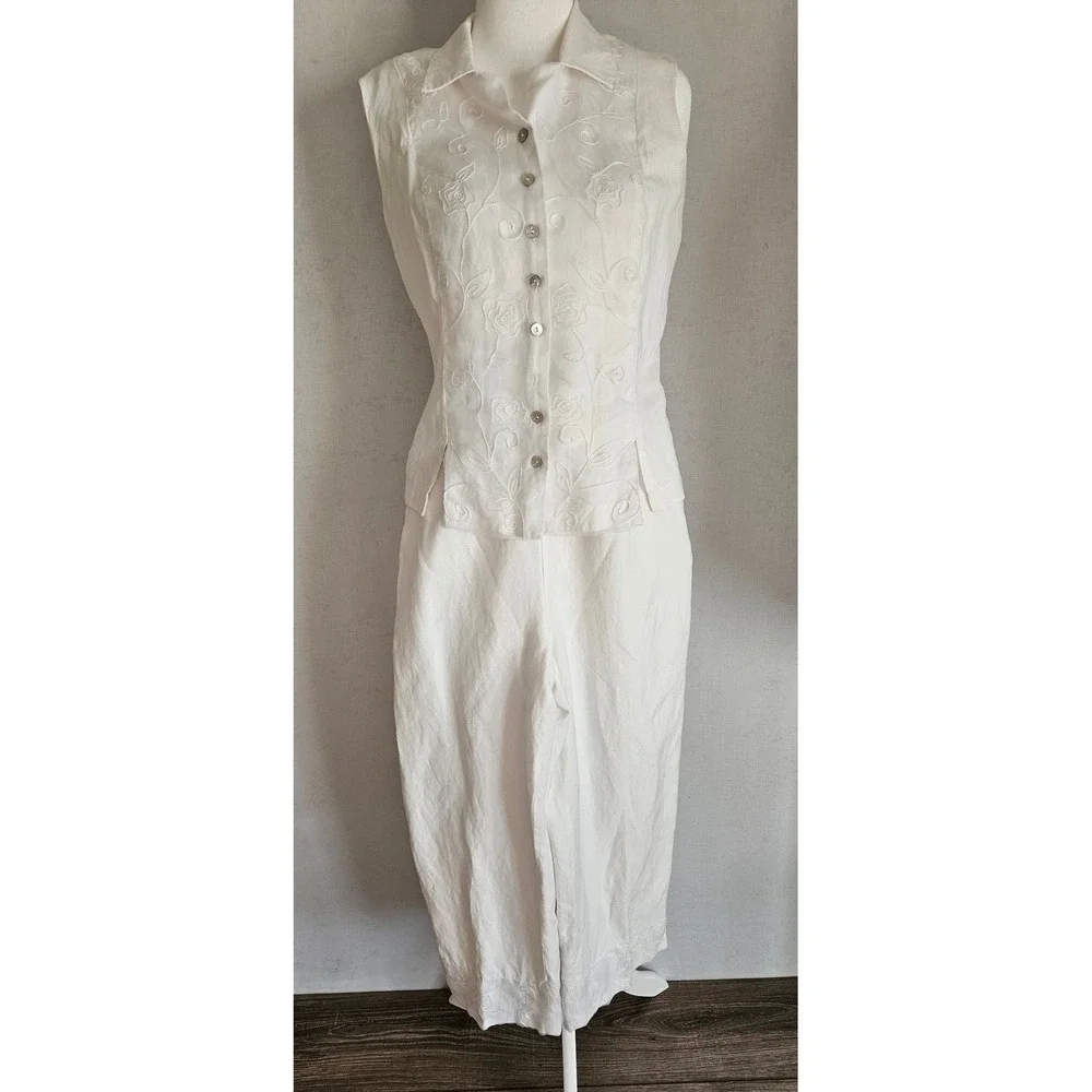 Victoria Holley White Linen Blend Embroidered 2 Piece Top & Cropped Pants Set 10